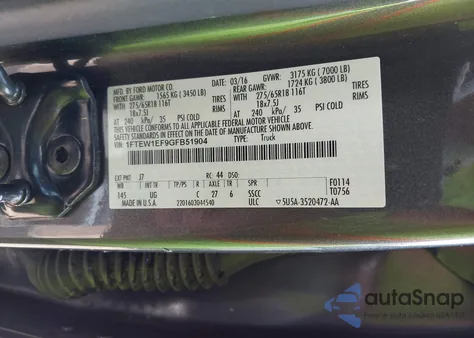 2016 Ford F-150 Xlt из США, поврежденный, VIN 1FTEW1EF9GFB51904